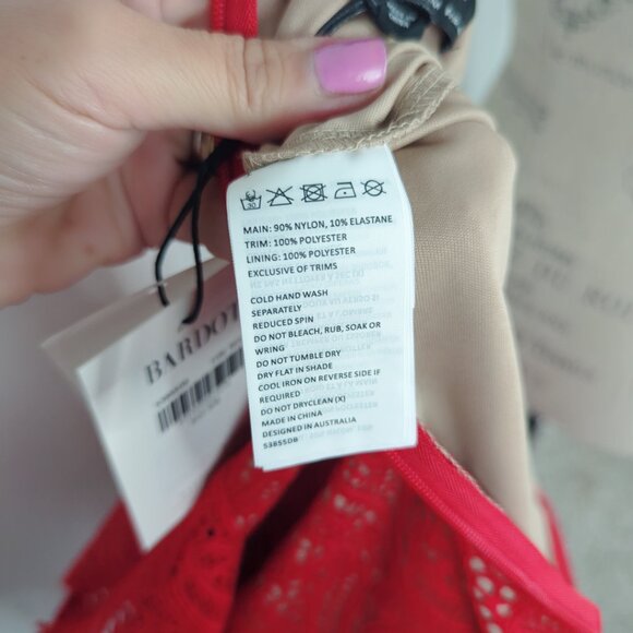 Bardot Lace Dress Medium Red Ruffle Mini - Picture 9 of 9